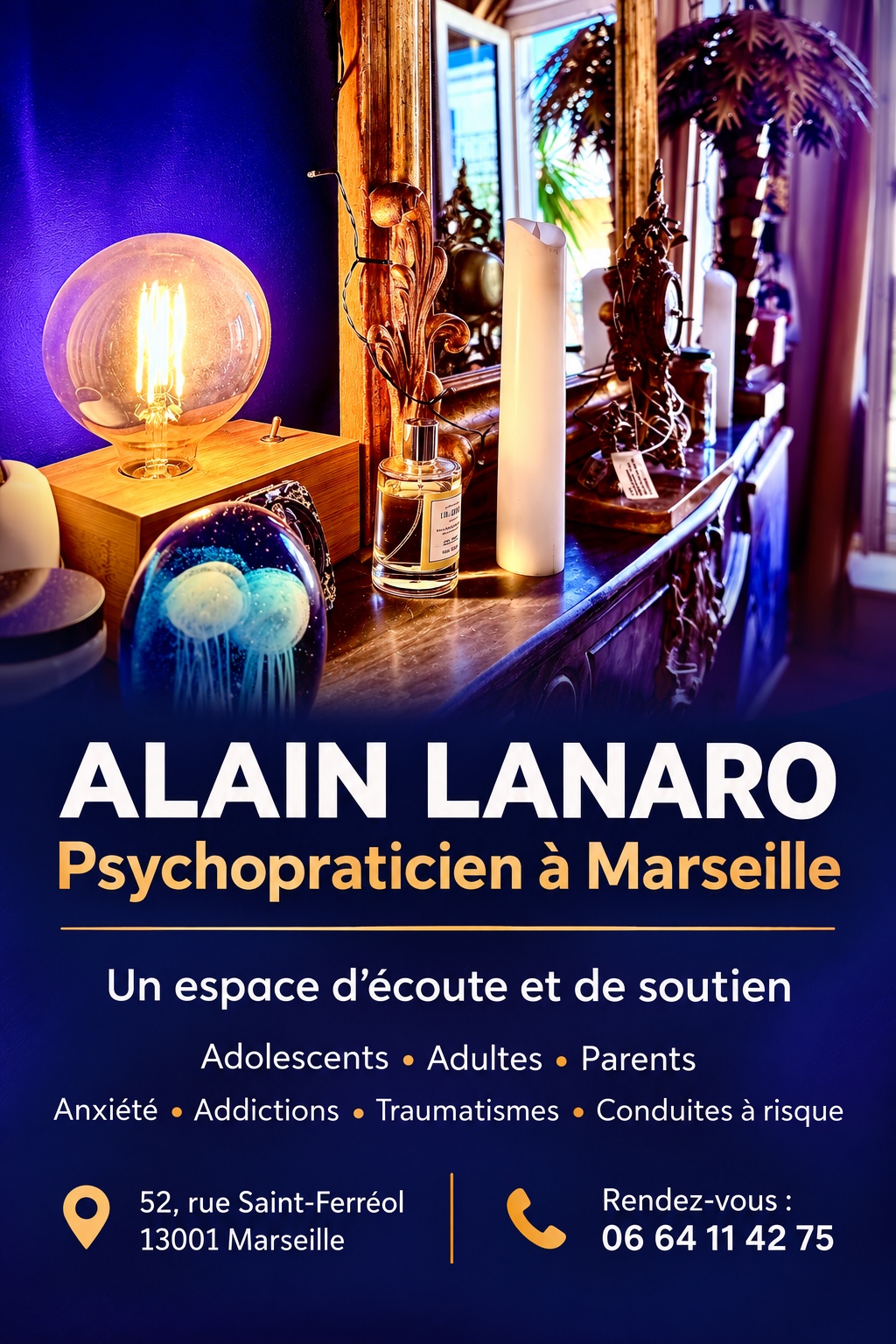 Affiche de présentation d’Alain Lanaro, psychopraticien à Marseille